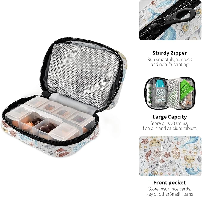 Watercolor Cat Mermaid Pill Box 7 Day Pill Case Travel Pill Organizer Bag with Zipper Portable Weekly Case Compact Size for Vitamin Supplement Holder