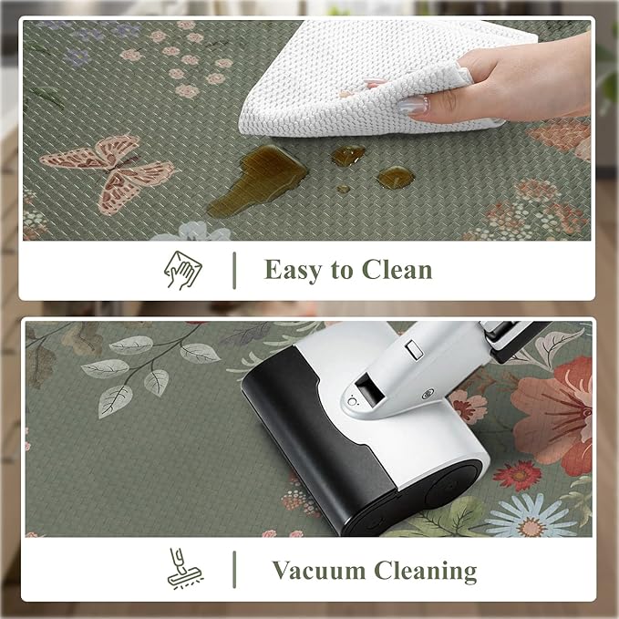 Collive Kitchen Mats for Floor 2 Piece, Green Scalloped Cushioned Anti Fatigue Padded Kitchen Floors Mat, Waterproof Kitchen Sink Rugs Floral Memory Foam Standing Rug for Office, Desk, Home Decor