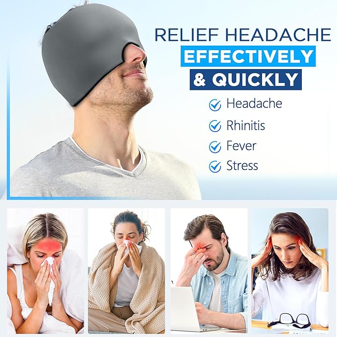 Migraine Relief Cap, Headache Relief Hat for Migraine Cap, Hot and Cold Therapy, Headache Eyes Mask for Stress Relief, Ice Pack Head Wrap for Sinus, Puffy Eyes, Tension, Grey