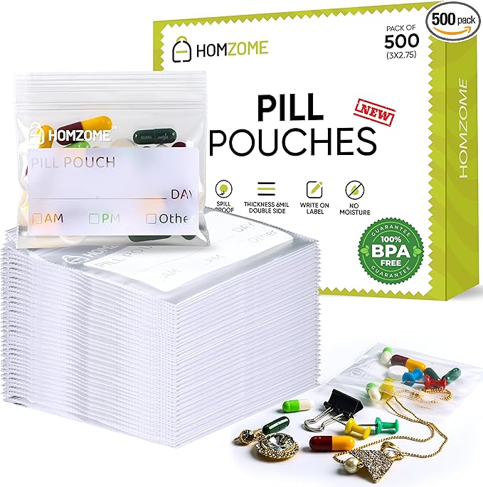 Homezome Pill Pouch Bags 6 mil Pack of 500- BPA Free 3x2.75 inches Reusable Pill Pouches for Medicine with Write on Label Clear Small ziplock Bags for Pills, Jewelry and Travel Pill Organizer