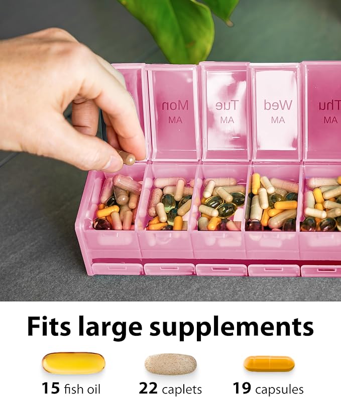 Extra Large Pill Organizer - XXL Vitamin Holder for Weekly Supplements - Double Sided Pill Box 7 Day with Big AM PM Compartments Huge Daily Medicine Dispenser 2 Times a Day Reliable and Easy-to-Use