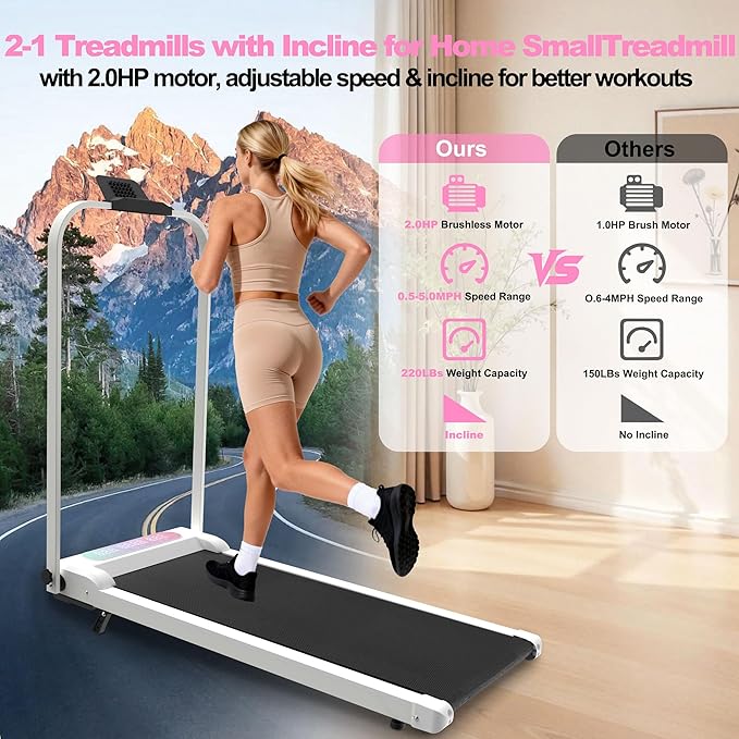 2 in 1 Foldable Walking Pad with Incline and Handle Bar, Compact Under Desk Treadmill with LED Display & Remote Control, Portable Treadmills for Home Office Small Spaces, 265 LBS Capacity