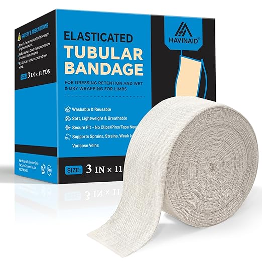 Latex-Free Elasticated Tubular Support Bandage with Stockinette Fabric, Breathable Tubular Compression Sleeve for Joint & Tissue Support on Arms, Knees, Legs (3" x 11 Yards) Size D