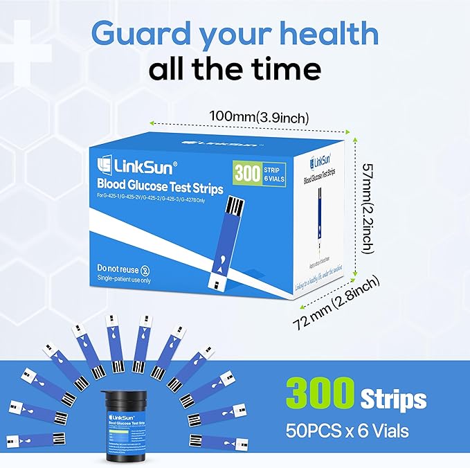 Diabetic Blood Test Strips*300, Used for G-425-1,G-425-2V, G-425-3, G-427B Blood Glucose Monitor Only, 0.7μl Blood Sample, Accurate Measurement, Results in 5 Seconds, 6 Bottles of 50 Pieces Each