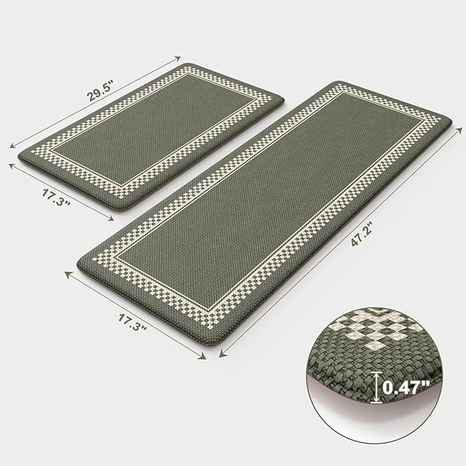 Anti Fatigue Kitchen Mats for Floor 2PCS, Non Slip Kitchen Rugs and Mats, Memory Foam Kitchen Mat, Heavy Duty Ergonomic Comfort Rugs for Kitchen Floor, Office, Sink, Green