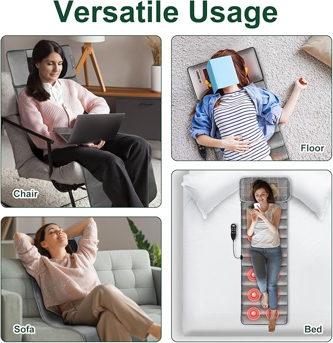 Full Body Massage Mat with Heat, 10 Vibration Nodes Massage Chair Pad with 3 Heating Levels, Multifunctional Full Body Relaxation Seat Back Massager with Head Neck Foot Massage Pillow for Home Office