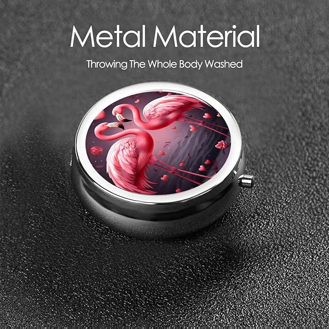 Two Flamingos Valentines Day Pill Box 3 Compartment Pill Case, Portable Medicine Pill Organizer for Pocket Purse Pill Box Decorative Metal Medicine Vitamin Organizer