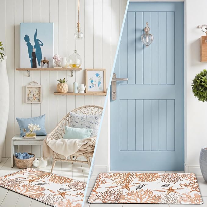 Kitchen Mats for Floor Cushioned Anti Fatigue Sets of 2 Coastal Kitchen Rugs Non Slip Waterproof Nautical Foam Kitchen Floor Rug Beach Theme Coral Fish Comfort Standing Mat for Sink Laundry, Coral