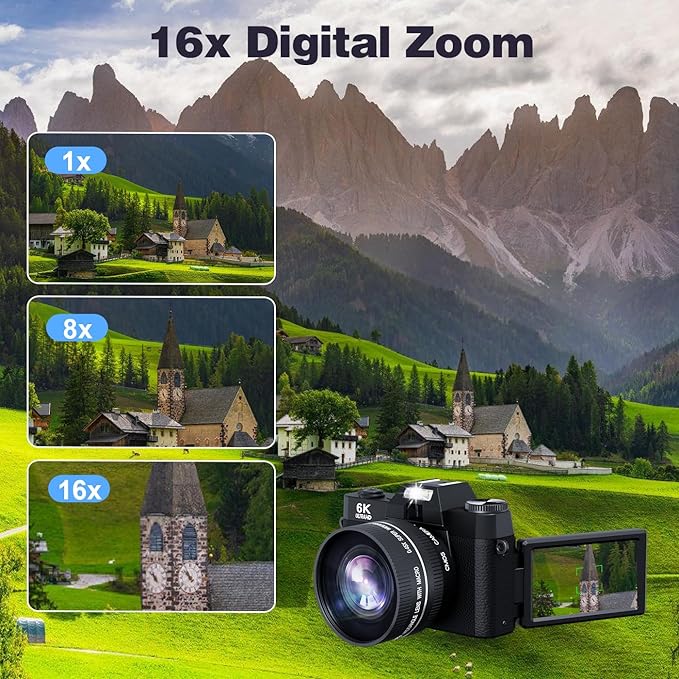 6K 64MP Digital Camera for Photography Vlogging Camera for YouTube, 180° Flip Screen, 16X Zoom Autofocus, Compact Travel Beauty Camera for Teens, 2 Batteries, with 52mm Lens, 32GB SD Card