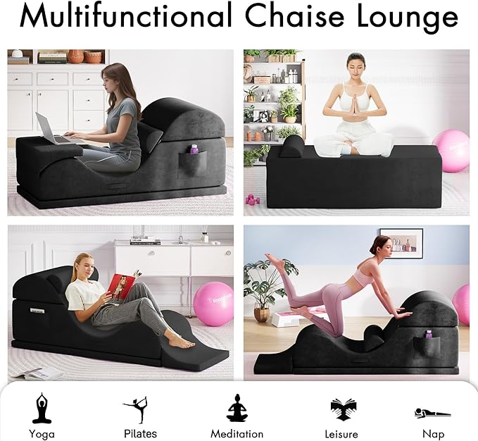 Convertible Yoga Chair for Adults, Ergonomic Foam Lounge with Lumbar Pillow, Washable Cover, Side Pocket, No Assembly Needed – Great for Exercise, Stretching & Relaxation Black