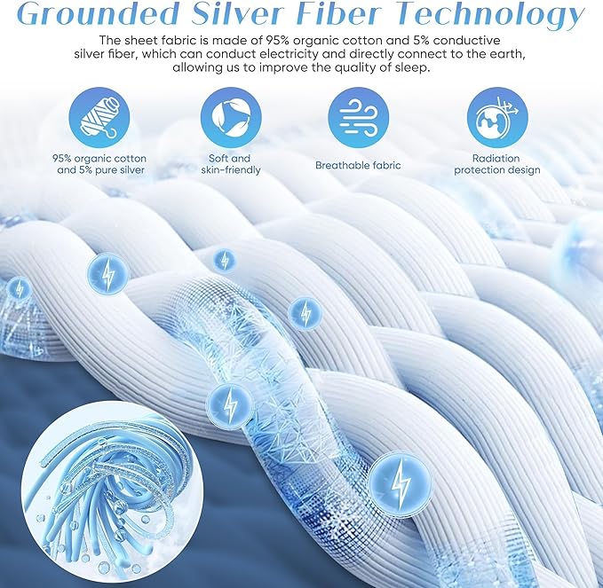 Grounding Sheets King Size, 95% Organic Cotton + 5% Pure Silver Fiber, Grounding Sheet Earth Connected Bedding (King - 77"x 80"x 13" Gray) Fitted Earth Sheets with Grounding Cord