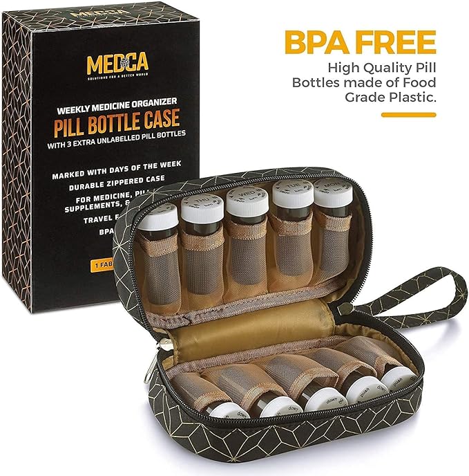 Pill Case and Pills Bottle Organizers - (Pack of 2) Weekly and Daily Medicine Container Carrier Tote Bag for Weekly Pill Bottles with 6 Extra Daily Bottles