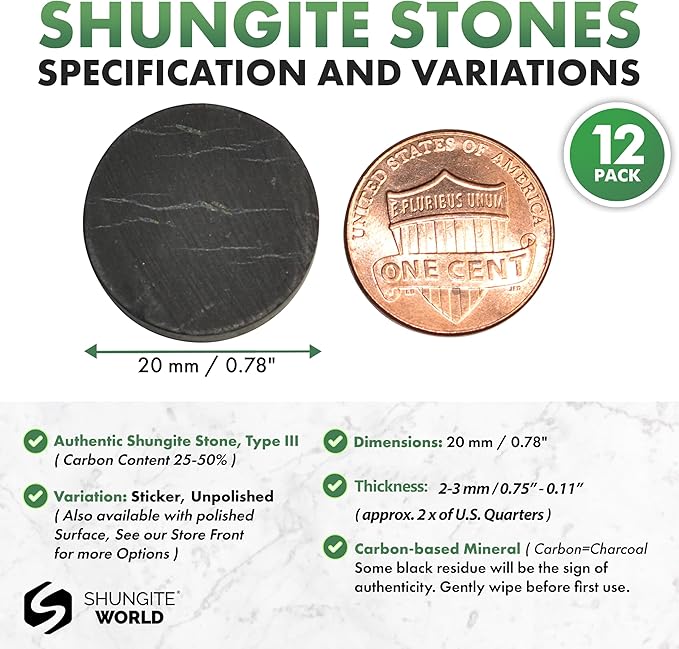 12 pcs Authentic Shungite Stickers Unpolished 20 mm / 0.78" Genuine Healing Energy Stone Protection Plate for Cell Phone Case Tablet Laptop Computer Noble Gemstone Protector Crystal