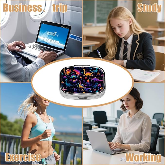 Pill Box-2 Compartment Small Pill Case Square Organizer Case with Mirror Portable Metal Medicine Box Travel Container for Pocket & Purse Women Men(Colorful Dinosaur)