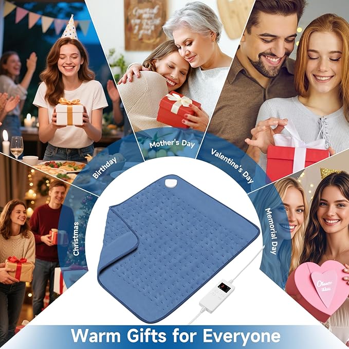 Electric Heating Pad for Neck and Shoulder and Back Muscle Pain Relief, 20"x24" Large Heating Pad 6 Heat Settings Heat pad Christma s Gifts for Men (Blue)