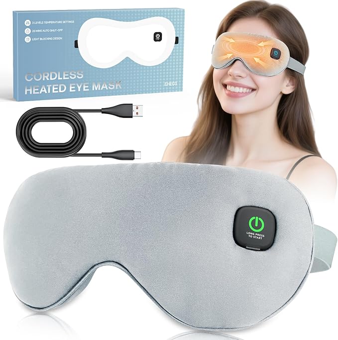 Cordless Heated Eye Mask for Dry Eyes Relief, with 3 Heat Settings, Washable Eye Cover, Warm Heating Pad for Stye Eye Treatment & Travel Use