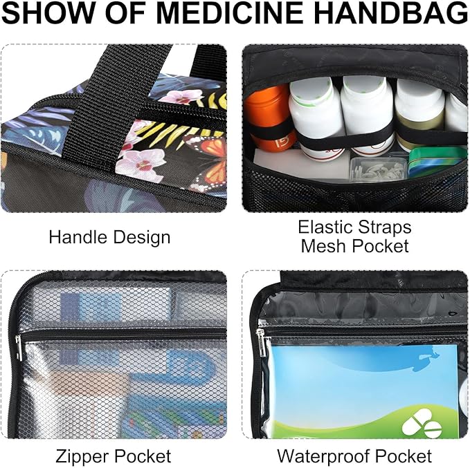 Naanle Pill Organizer Bag Travel Pill Bottle Medicine Organizer Home Storage Medication Bag for Vitamin Supplements, Hawaii Palm Leaves Flowers Empty First Aid Bag for Car Camping, 1.0 Count