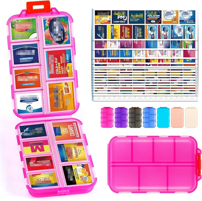 Travel Pill Organizer with Bulk Stickers & Labels - Small & Portable Daily Medicine Pharmacy for Pocket, Bag - 14-Compartment Foldable Supplement Box Holder for Fish Oil Vitamin - Clear Pink
