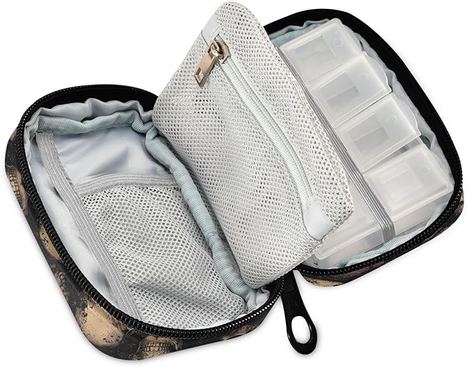 Weekly Pill Organizer Case Skull Abstract Travel Portable Pill Bag for Medicine Vitamin Large Capacity Zipper Medicine Organizer