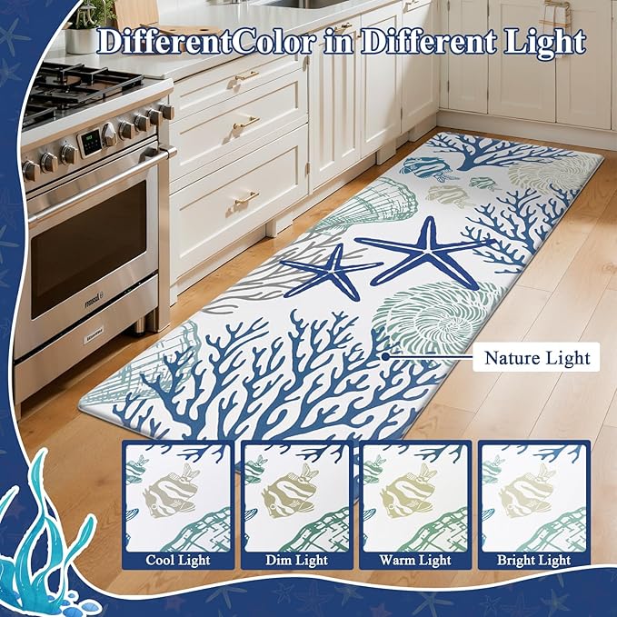 SHACOS Coastal Kitchen Rugs Set of 2 Anti-Fatigue Kitchen Mats Summer Cushioned Mats with Sea Themed White Blue Starfish Shell Coral Tropical Fish 17x27.5+17x47, Coastal Beach