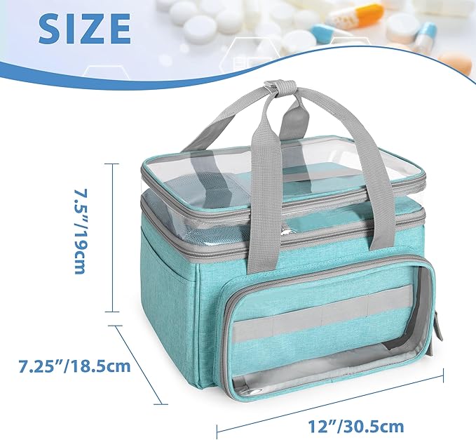 LUXJA Double-Layer Medicine Bag with Transparent Compartment, Pill Bottle Organizer with Detachable Divider (Suitable as a Home or Travel Medicine Bag), Blue