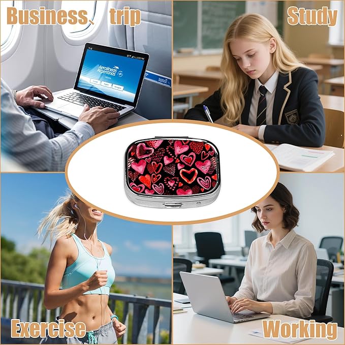 Pill Box-2 Compartment Small Pill Case Square Organizer Case with Mirror Portable Metal Medicine Box Travel Container for Pocket & Purse Women Men（Red Heart）