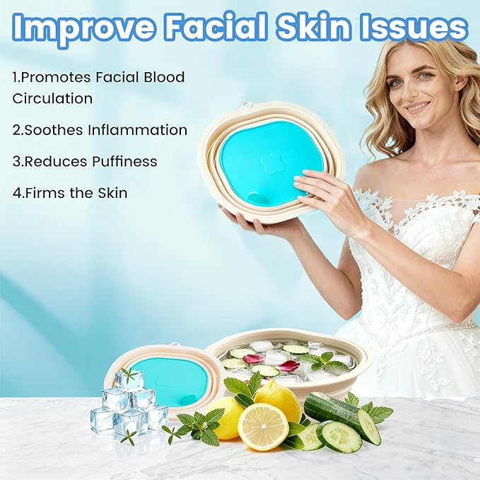 Upgrade Face Bowl for Ice with Built-In Ice Tray Collapsible Silicone Ice Bath Basin with Cover Portable Home Spa Tools for Home or Travel