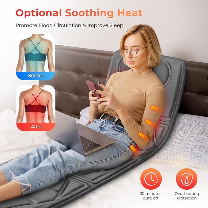 Full Body Massage Mat, Massage Pad with 10 Vibrating Motors for Pain Relief, Back Massager with Heat, Full Body Massage for Back, Lumbar,Leg, Gifts for Men Women, Long 67"