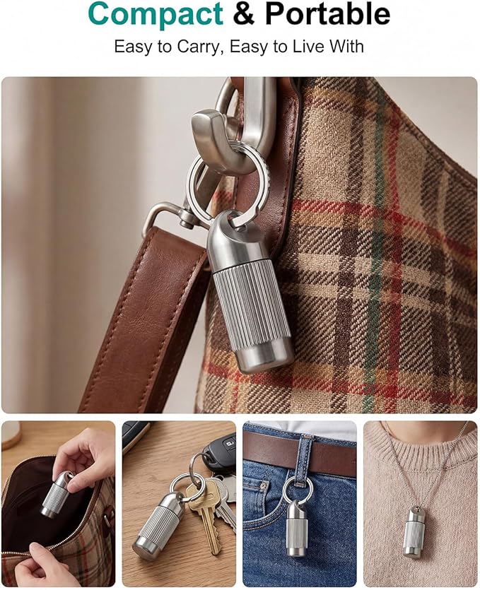 Titanium Pill Holder Keychain, Waterproof and Leak Proof Mini Pill Case for Daily Vitamins or Emergency Medication, Small Durable Metal Travel Pill Container for Pocket, Purse - Small