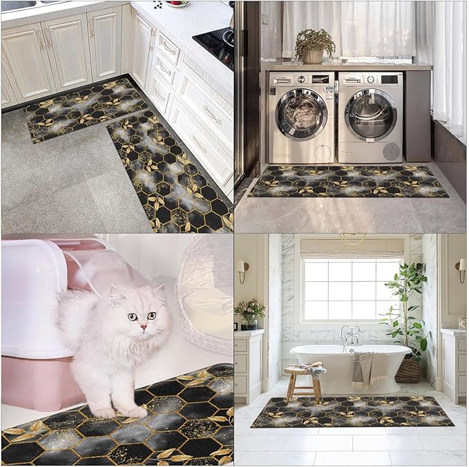 Arttown Marble Anti-Fatigue Kitchen Rug Set of 2 Black Gold Honeycomb Vintage Geometric Cushioned Floor Standing Mat Waterproof Non-Slip Kitchen Mat and PVC Ergonomic Comfort Foam Rug