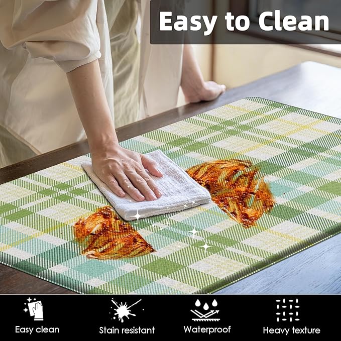 Arttown Green Anti-Fatigue Kitchen Rug Set of 2 Beige Plaid Cushioned Floor Standing Mat Waterproof Non-Slip Mat and PVC Ergonomic Comfort Foam Rug