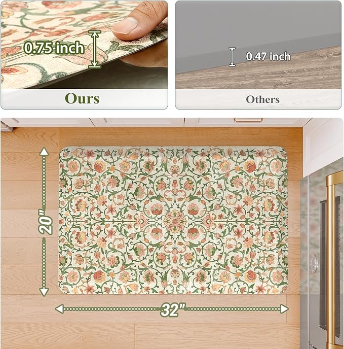 KIMODE Padded Kitchen Floor Mats Cushioned Anti Fatigue,3/4 Inch Comfort Memory Foam Ergonomic Standing Carpet for Office Desk,Boho Vintage Sink Rug Non Slip for Laundry,Green/Orange
