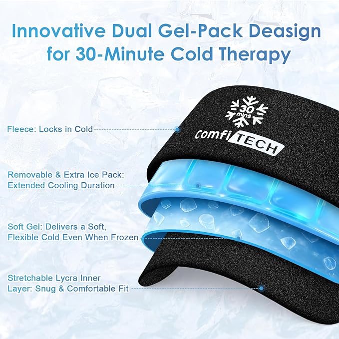 ComfiTECH Dual-Gel Pack Knee Ice Sleeve with Extended 30-Minute Cooling, Detachable Ice Pack & Flexible Reusable Gel Ice Wrap for Soothing Discomfort & Fatigue in Knee, Thigh and Calf, Large, 2 Packs