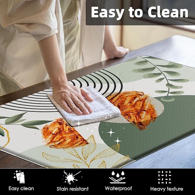 Kitchen Mats for Floor 2 PCS, Anti Fatigue Mat Set, Boho Cushioned Non Slip Waterproof Kitchen Rugs, Wipe Clean PVC Leather Runner for Sink, Laundry, Office, 17"x47"+17"x29", Green