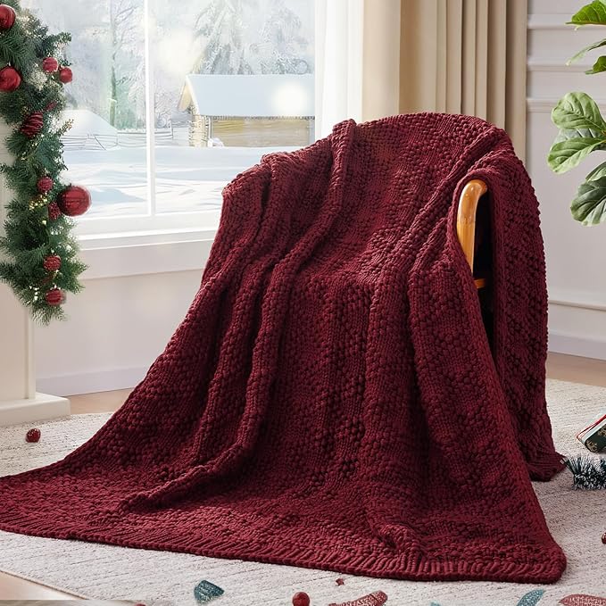 Knitted Weighted Blanket for Adult, Chunky Knit Weighted Throw for Sleep 50"*60" 7lbs, Cooling Breathable Heavy Blanket for Hot Sleepers, Machine Washable Blanket for Room Decor(Red)