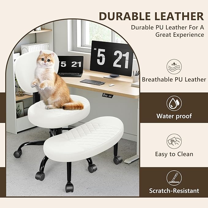 Ergonomic Cross Legged Office Chair with Wheels - Adjustable Height for Meditation, ADHD Desk & Yoga - Wide Criss Cross Design with Lumbar Support, Kneeling Chair - Off White