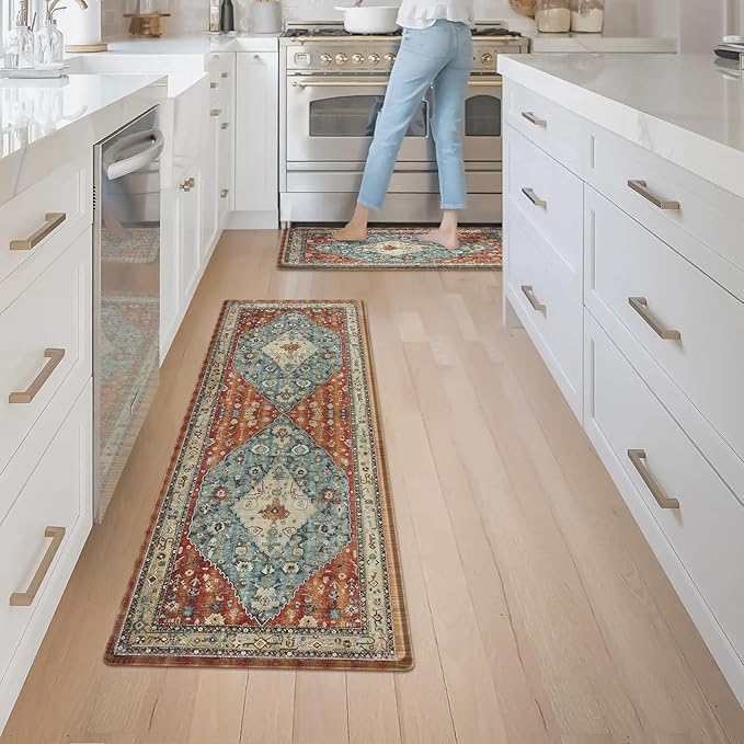 Collive Boho Kitchen Mat 2PCS, Cushioned Anti Fatigue Kitchen Mats for Floor Waterproof Kitchens Rugs Set of 2, Non Slip Comfort Standing Mat for Office, Sink, Laundry, 17.3"x29"+17.3"x59"