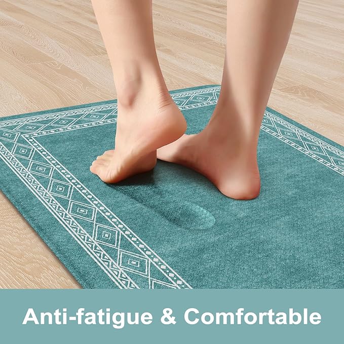 KIMODE Anti Fatigue Kitchen Mats 17"x47"+17"x29", Farmhouse Memory Foam Kitchen Floor Mats Non Slip, Turquoise Kitchen Mats for Floor, Waterproof Standing Mats for Laundry Office Sink Desk
