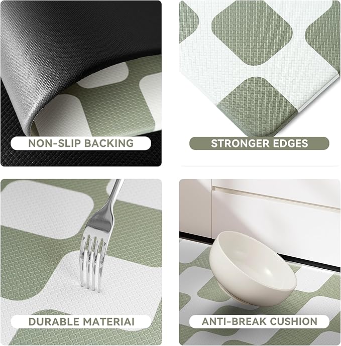 Sage Green Retro Curvy Checkered Grid Checkerboard Kitchen Rug Sets [2 PCs], Anti-Fatigue, Waterproof Non-Slip Kitchen Mats Heavy Duty Comfort Foam Rug for Floor, Home, Laundry,17"x29"+17"x47"