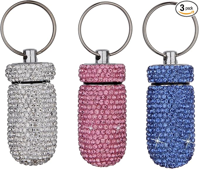 3PCS Bling Crystal Rhinestone Portable Pill Case Pill Container Waterproof Pill Holder with Keychain Glitter Travel Pill Box Small Medicine Dispenser Bottle Storage for Outdoor Camping Travel,5