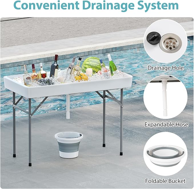 Giantex Folding Ice Cooler Table, 46'' Outdoor Chill Bar Table with Drain, Foldable Bucket & Removable Matching Skirt, for Events, Party, Camping, Buffet Beverage Server, White