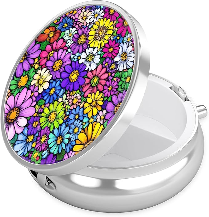 Colorful Daisy Flower Pill Case, Pill Box 3 Compartments Metal Small Pill Holder with Mirror Mini Travel Pill Container for Purse Pocket Women Men