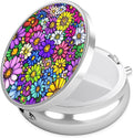 Colorful Daisy Flower Pill Case, Pill Box 3 Compartments Metal Small Pill Holder with Mirror Mini Travel Pill Container for Purse Pocket Women Men