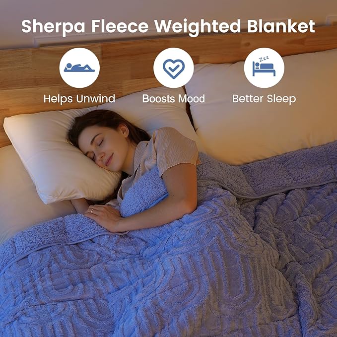 Sherpa Fleece Adult Weighted Blanket Great for Sleep, 15 lbs Dual Sided Soft Fuzzy Heavy Blankets for Couch Bed Sofa, Cozy Warm Fluffy Arched Jacquard Throw for Winter (Blue, 48" x 72", 15 Pounds)