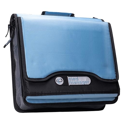 Med Manager Medicine Organizer and Binder, Removable Pouches, Detachable 5-Tab Expanding File Folder, Holds 15 Pill Bottles - 11 Standard Size and 4 Large Bottles, Light Blue 13 x 13 x 4.5 inches