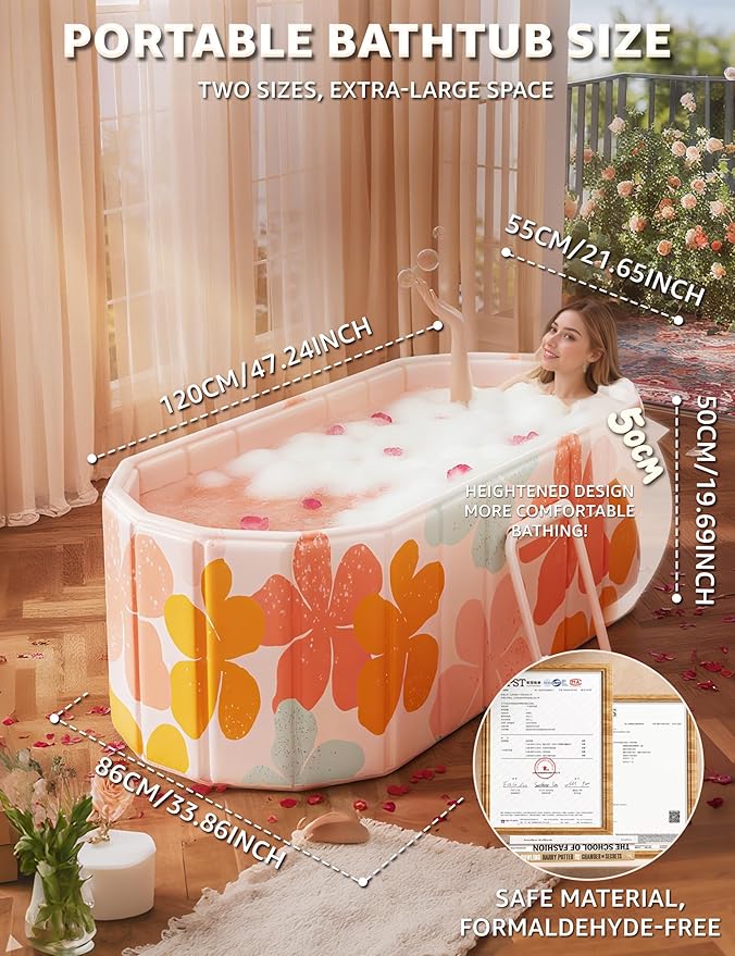 Portable Bathtub Ice Bath Tub - Foldable Collapsible Bathtub for Adult Shower Bathroom Hot SPA Soaking Cold Plunge Tub Freestanding Bathtub 47"Lx22"Wx20"H Pink