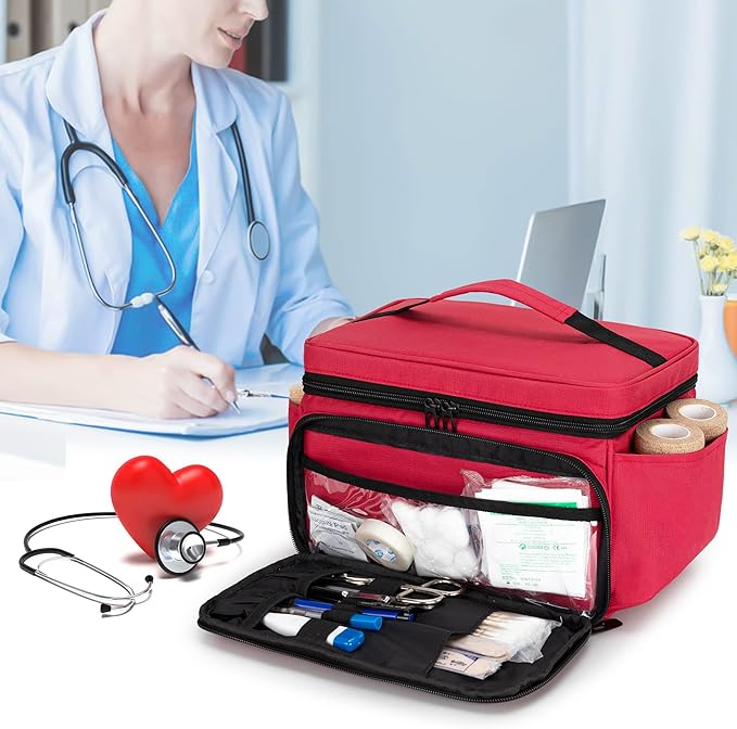 CURMIO Small Medicine Storage Bag Empty, Family First Aid Box, Pill Bottle Organizer for Emergency Medical Supplies, Red (Bag Only, Patent Pending)