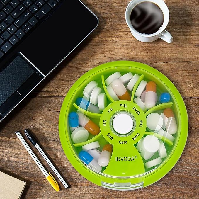INVODA Weekly Pill Organizer with 77 Pre-Cut Medication Labels – 7 Compartment Rotating Medicine Box Daily Pill Case for Vitamins, Fish Oil & Prescriptions – BPA-Free Plastic – Compact Travel Size