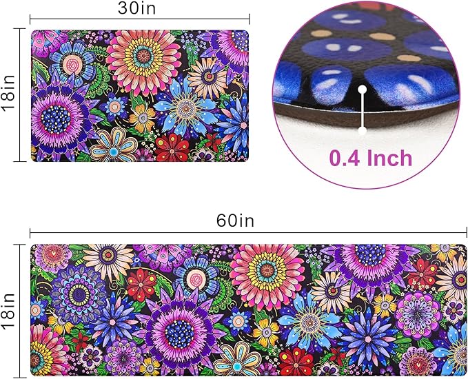 Likiyol Boho Kitchen Rugs, Boho Floral Anti Fatigue Kitchen Mat for Floor, Bohemian Flowers Non Slip Washable Kitchen Floor Mats, Comfort Standing Mat, 18'' x 30'' + 18'' x 60'', Floral