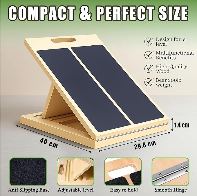 Slant Board for Calf Stretching with Resistance Band, Fitness Ball & Training Poster, 300 lbs Adjustable Wooden Incline Board, Portable Calf Stretcher for Physical Therapy Equipment & Leg Training